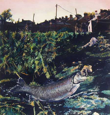 etching trout fishing in Suburbia by Jonathan Owen